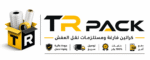 شعار أفقي لمؤسسة TR Pack لتغليف ونقل العفش باللون الأصفر والأسود مع أيقونة كرتونة وبابلز واسترتش