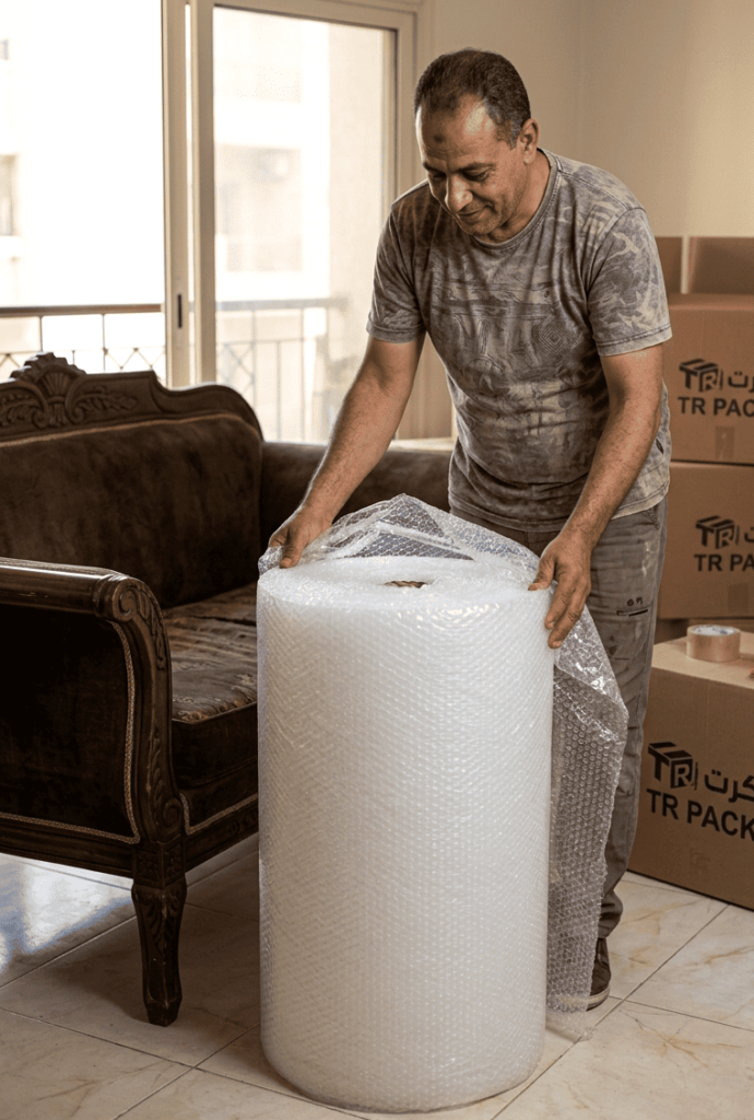 رول بابلز 3 كجم 100 متر ملفوف حول قطعة أثاث لحمايتها من الخدوش