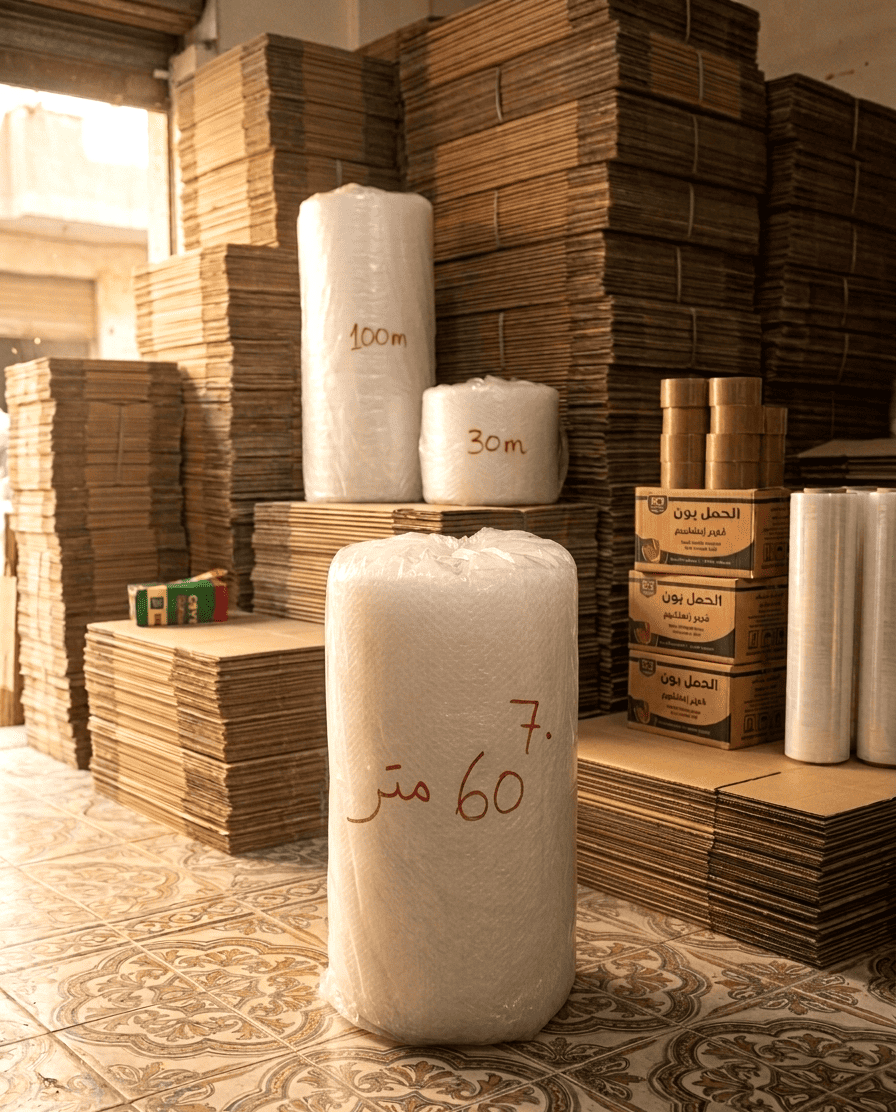 عامل يقوم باستخدام رول بابلز 60 متر من TR Pack أثناء تجهيز الشحنات والتعبئة