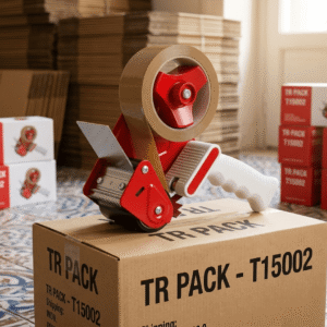 ماكينة لصق الكراتين اليدوية من TR Pack معروضة من الزاوية الأمامية لإظهار التصميم الكامل وأداة القطع