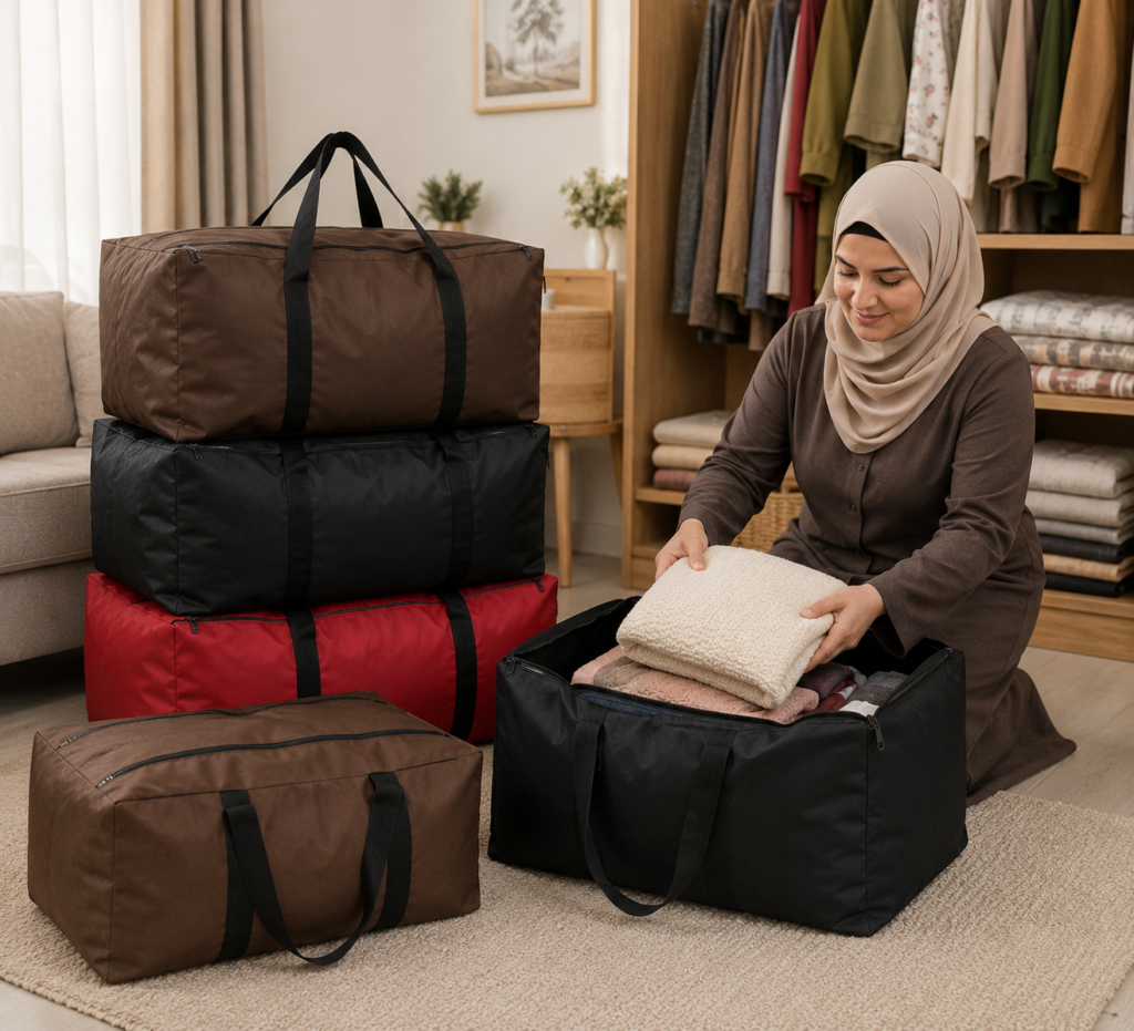 ملابس موسمية محفوظة داخل شنطة التخزين القماشية داخل الدولاب بشكل منظم