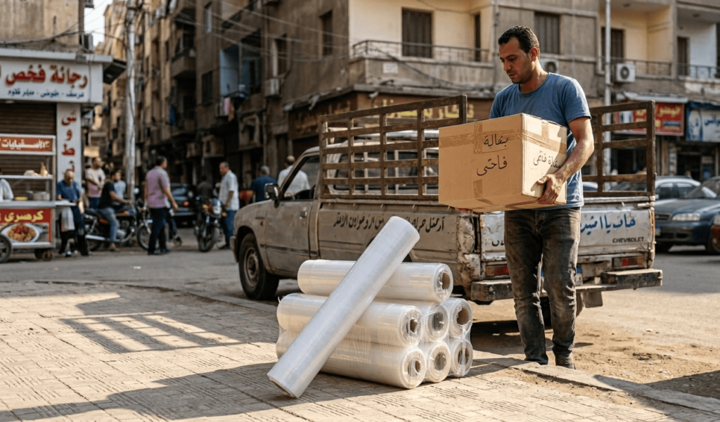 تجهيز شحنة متجر إلكتروني باستخدام رول الاسترتش لحماية الطرد وتحسين استقراره أثناء التسليم