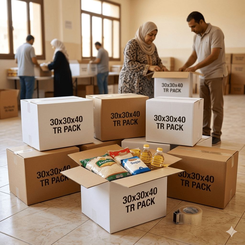 كرتونة 30×40×30 سم من TR Pack تحتوي على منتجات غذائية جافة جاهزة للنقل والتوزيع