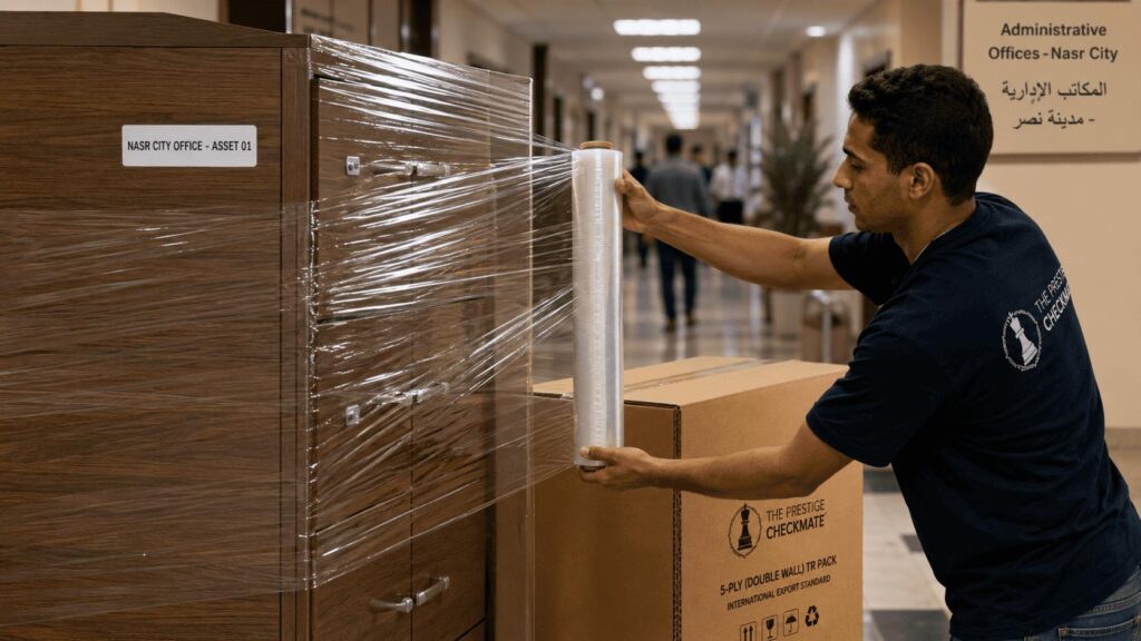 عامل يغلف مكتب خشب بـ رول استرتش وكرتونة 5 طبقات لنقل المكاتب في مدينة نصر TR Pack