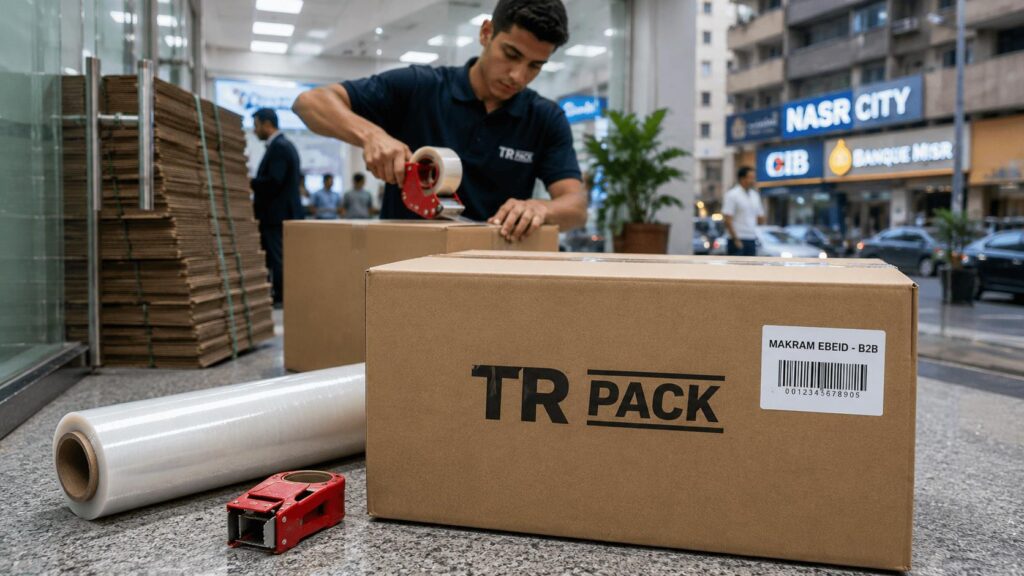 عامل يستخدم ماكينة لصق الكراتين اليدوية لتجهيز كرتونة TR Pack في شارع مكرم عبيد بمدينة نصر