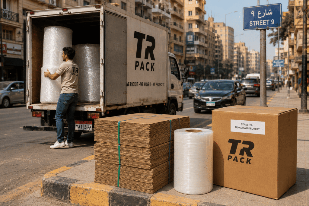 شاحنة TR Pack لتوصيل كراتين مقواة ورول استرتش وبابلز أمام لافتة شارع 9 المقطم