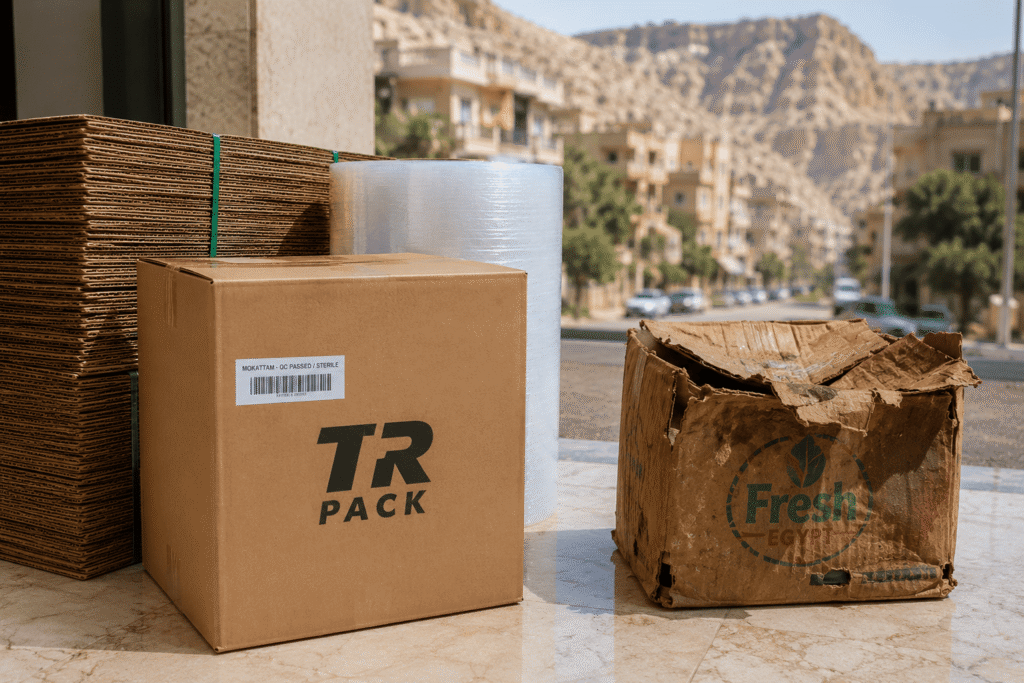 مقارنة توضح صمود كرتونة TR Pack الجديدة في المقطم مقابل انهيار كرتونة خضار وفاكهة مستعملة