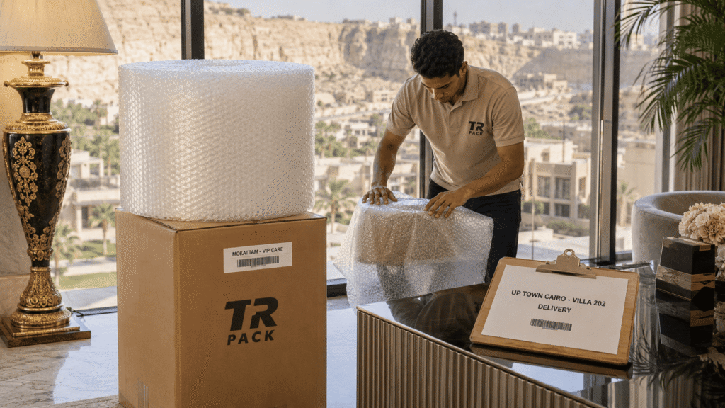 عامل TR Pack يغلف أباجورة ديكور فاخرة برول بابلز داخل فيلا في أب تاون كايرو المقطم